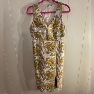 Gianni Bini Yellow and Brown Leaf Print Midi Dress